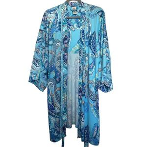 In Bloom By Jonquil Short Robe Womens Size 1X Aqua Blue Paisley Belted